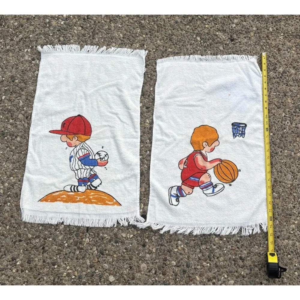 Vintage Hand Towel Set Of 2  Baseball Basketball Cartoon Kids Bath Cotton